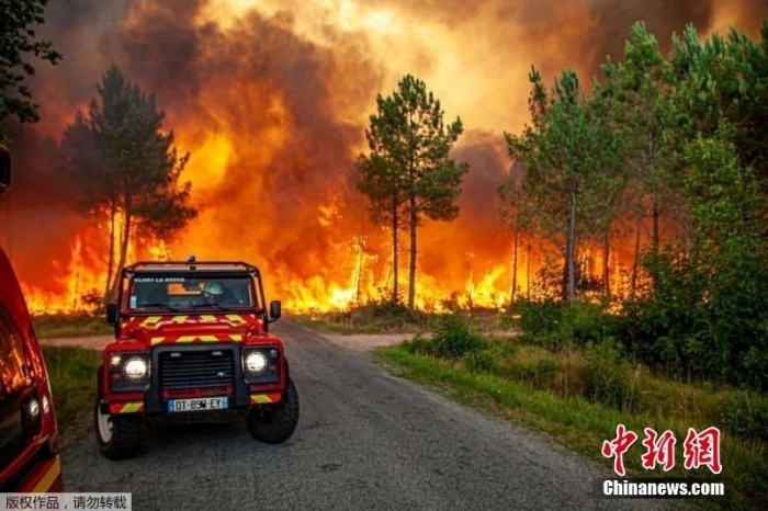 法国西南部地区的森林火灾已持续近一周,截至当地时间7月16日晚,过火面积已达上万公顷。作为预防措施,已有近1.4万人被疏散。图为当地时间7月13日,法国吉伦特省Landiras附近,森林处在熊熊大火之中。 点击进入下一页