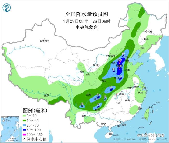 　图2 全国降水量预报图(7月27日08时-28日08时)