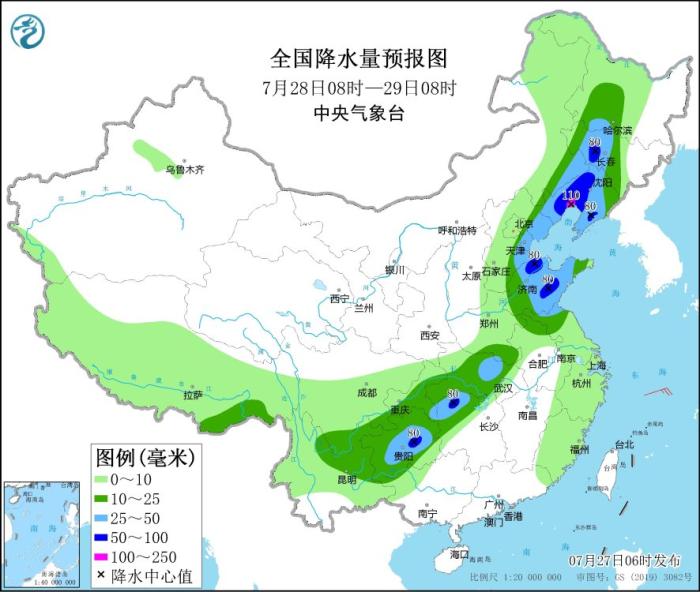 图3 全国降水量预报图(7月28日08时-29日08时)