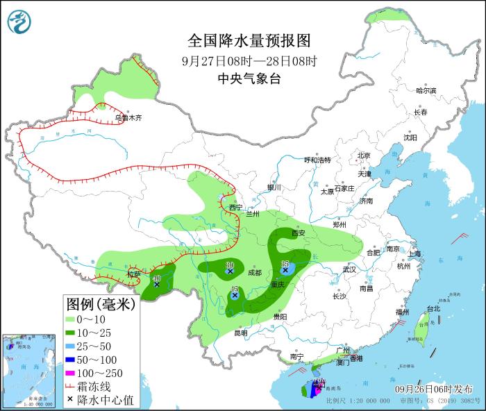 全国降水量预报图(9月27日08时-28日08时) 全国降水量预报图(9月27日08时-28日08时)