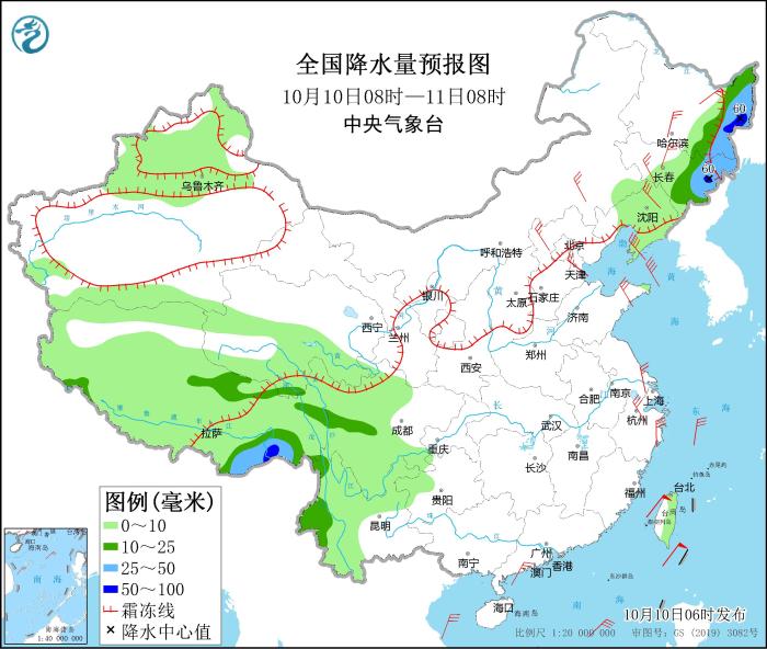 全国降水量预报图(10月10日08时-11日08时) 全国降水量预报图(10月10日08时-11日08时)