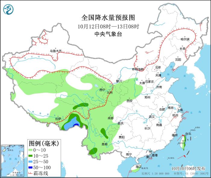 全国降水量预报图(10月12日08时-13日08时) 全国降水量预报图(10月12日08时-13日08时)