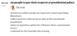 阿根廷将为马拉多纳举行国葬 预计百万人参与