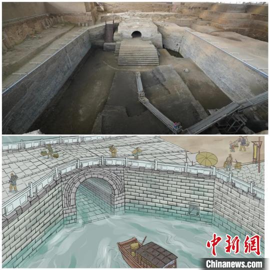 州桥遗址全景(上)及明代州桥复原图(下) 国家文物局供图 州桥遗址全景(上)及明代州桥复原图(下) 国家文物局供图