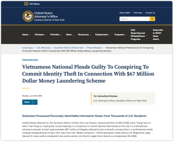 美国司法部：越南籍男子黎文雄就“法轮功”邪教媒体洗钱案认罪